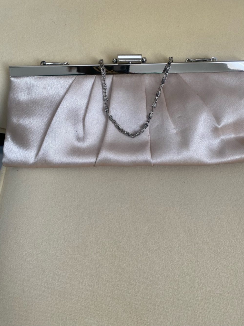 Jessica McClintock Satin Pleated Clutch in Pale Pink with Silver Chain